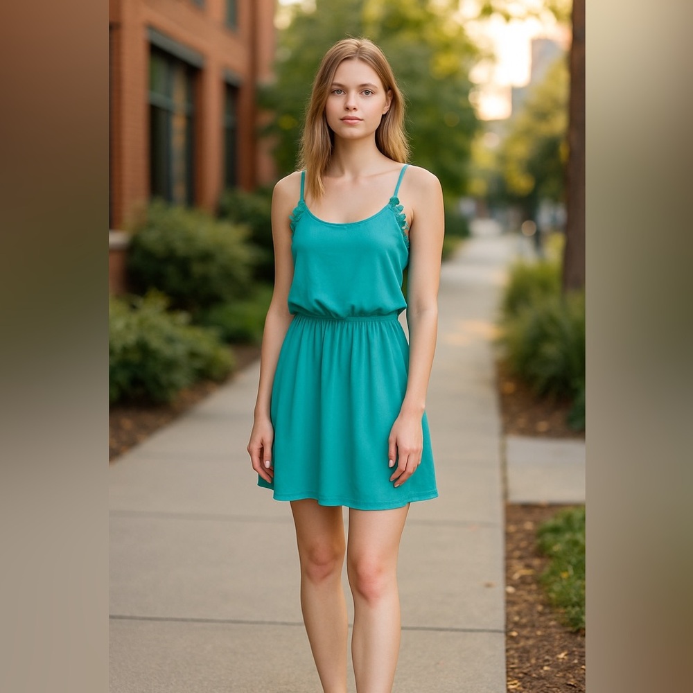 Cals Turquoise Floral Embroidered Fringe Racerback Tank Mini Dress Sz. Med EPOC